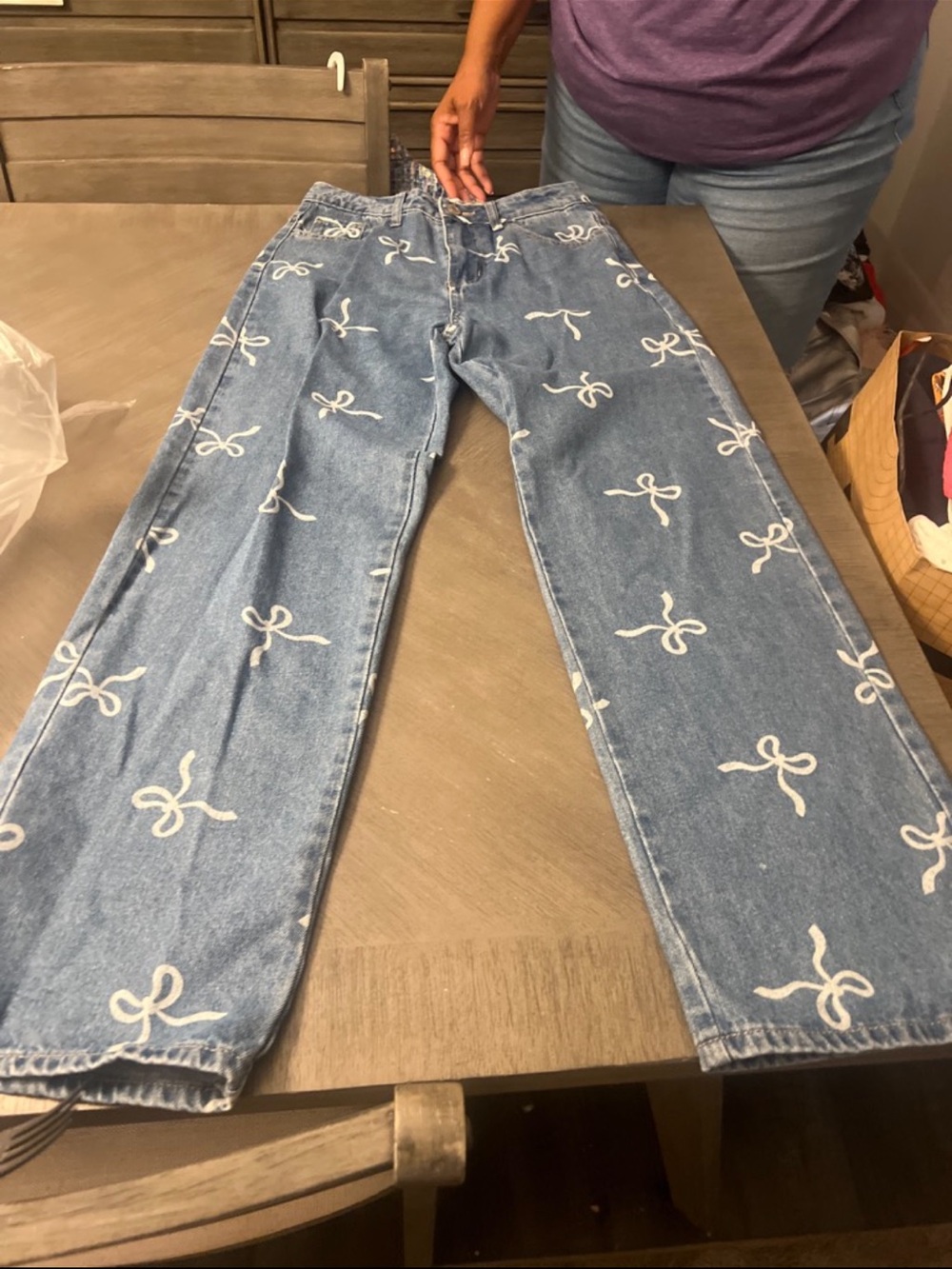 Blue Printed Juniors Jeans with White Bow Motif